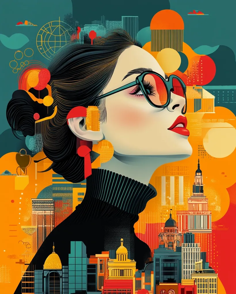 The image is a stylized portrait of a woman with sunglasses and red lipstick, set against a backdrop of a city skyline. The woman's face is depicted in a bold, graphic style with exaggerated features. The cityscape is represented by a collection of geometric shapes and abstract forms in vibrant colors. The overall effect is a dynamic and modern depiction of urban life.