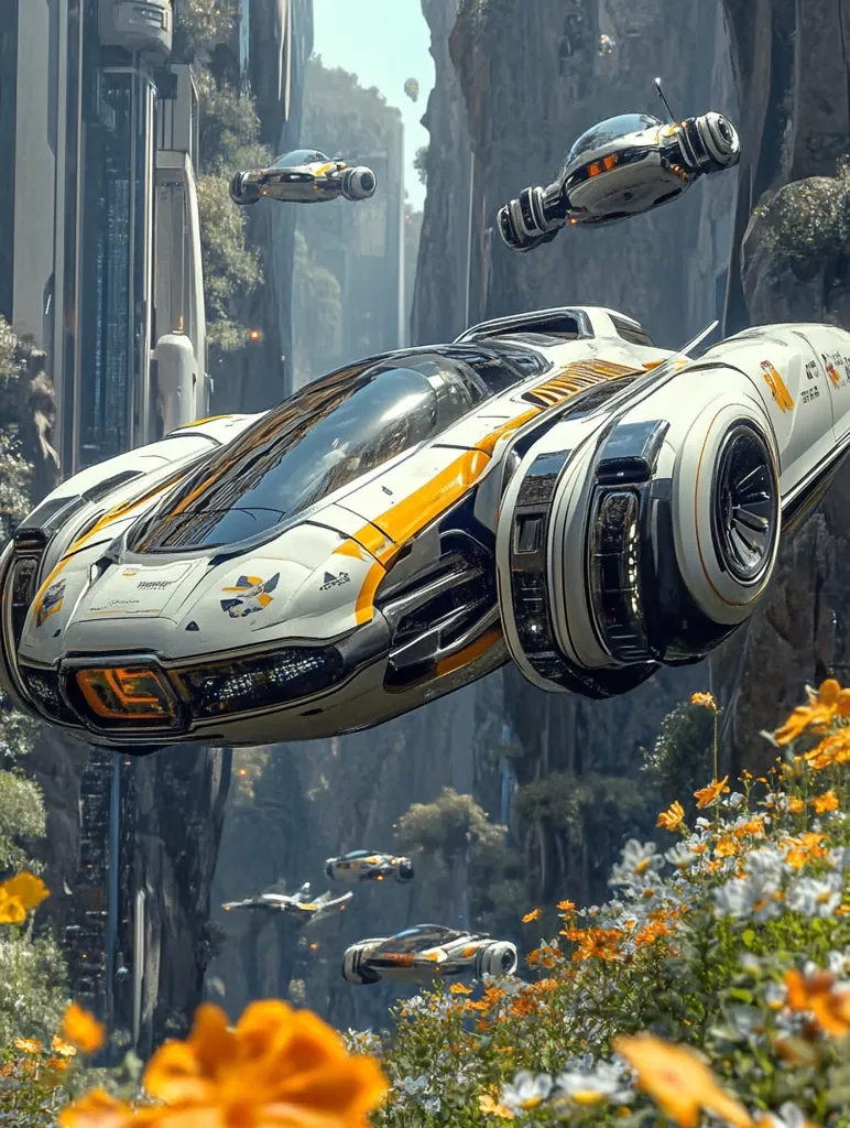 A futuristic, white and yellow vehicle with a sleek, aerodynamic design hovers above a vibrant field of yellow and white flowers. The background features towering rock formations, a glimpse of a futuristic cityscape, and several other similar vehicles flying in formation. The scene creates a sense of both technological advancement and natural beauty.