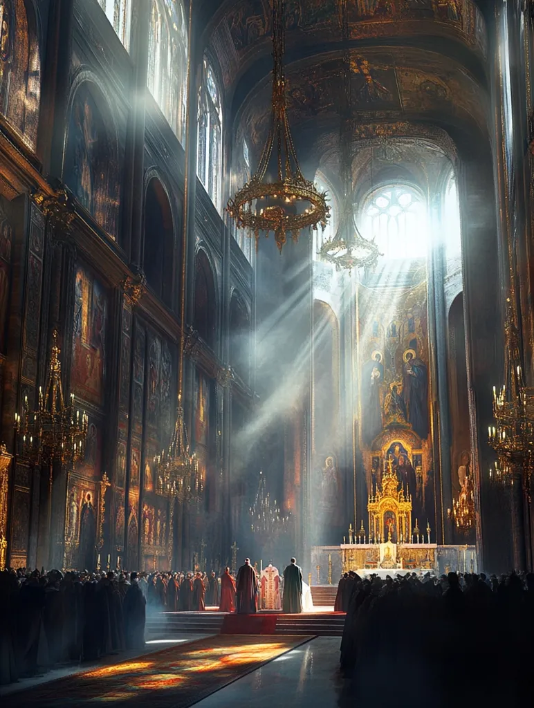 A grand, ornate church interior with high ceilings and arched windows. Sunlight streams through a large stained glass window, illuminating the altar and the congregation gathered below. A golden chandelier hangs from the vaulted ceiling, casting a warm glow on the scene. The walls are adorned with paintings and elaborate decorations, creating a sense of history and reverence. The scene is full of grandeur and solemnity, suggesting a special ceremony or occasion.