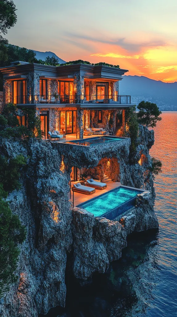 A luxurious modern house built into a cliff overlooking the ocean. The house has large windows and an infinity pool that seems to blend with the horizon. The sky is a vibrant orange and pink, creating a stunning sunset backdrop. The image captures a sense of tranquility and exclusivity, highlighting the beauty of nature and architecture.