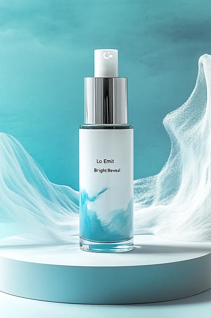 A silver and white bottle of "Lo Emit Bright Reveal" sits on a light blue platform. The bottle features a blue and white watercolor design. A white cloth drapes over the platform, creating a soft and ethereal background. The blue backdrop further enhances the clean and minimalist aesthetic of the image.