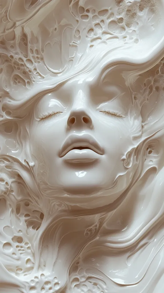 The image shows a close-up of a white, smooth, and abstract sculpture. The sculpture is designed to resemble a face with closed eyes and a soft, slightly parted mouth. The surface of the sculpture is covered in a series of small, circular indentations that give it a textured appearance. The background is a white, swirling pattern that resembles a viscous liquid. The overall effect is one of serene calmness and ethereal beauty.