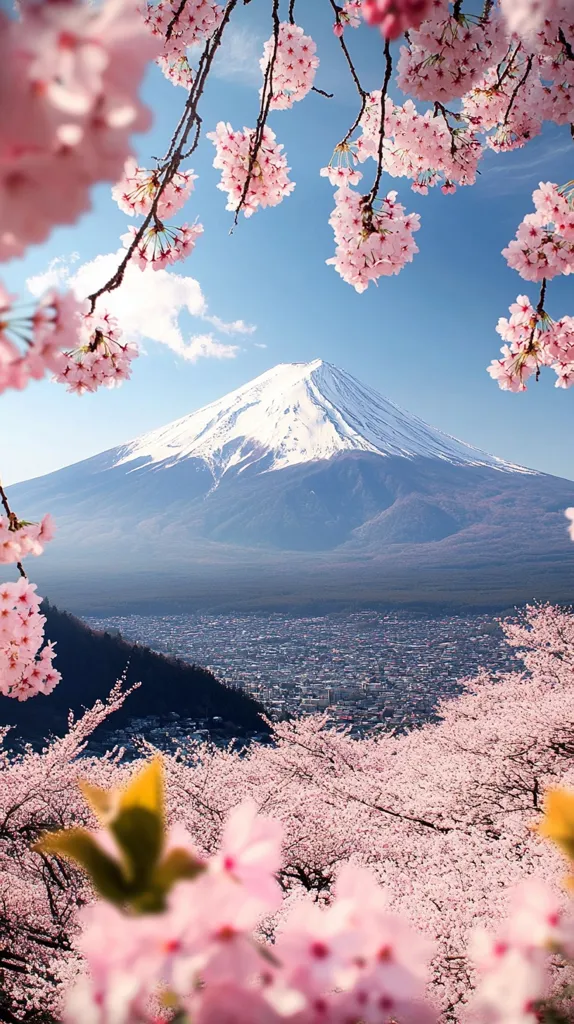 The image shows a breathtaking view of Mount Fuji, Japan's highest mountain, covered in snow. The mountain is framed by a beautiful display of cherry blossoms, their delicate pink petals creating a soft and romantic atmosphere. The foreground is filled with more cherry blossoms, blurring into a soft pink haze, suggesting a vast expanse of blooming trees.  The sky is a clear, vibrant blue, enhancing the beauty of the scene.