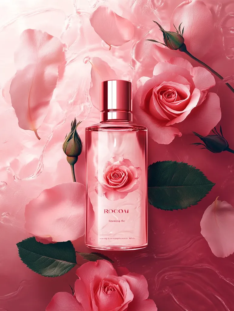 A glass bottle of rose-scented cleansing oil sits in a bath of rose petals. The bottle is clear, with a silver top and a red label that says "ROCOM". The bottle is surrounded by pink petals, and there are a few rose buds scattered throughout. The background is a soft pink, and the overall image is very elegant and feminine.