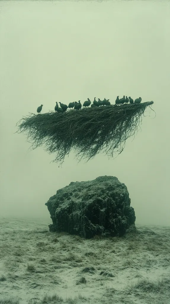 A group of dark birds sit perched on a bare branch that looks like a bridge. The branch floats above a large grey rock. The background is a soft green haze. The image has a surreal and ethereal quality.