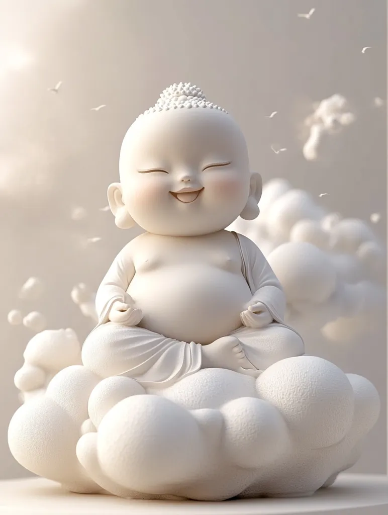 A chubby, white porcelain Buddha statue sits cross-legged on a fluffy white cloud. The Buddha has a serene expression with closed eyes and a small, joyful smile. The statue is depicted against a backdrop of white clouds and delicate, white birds flying in the sky, creating a tranquil and peaceful scene.