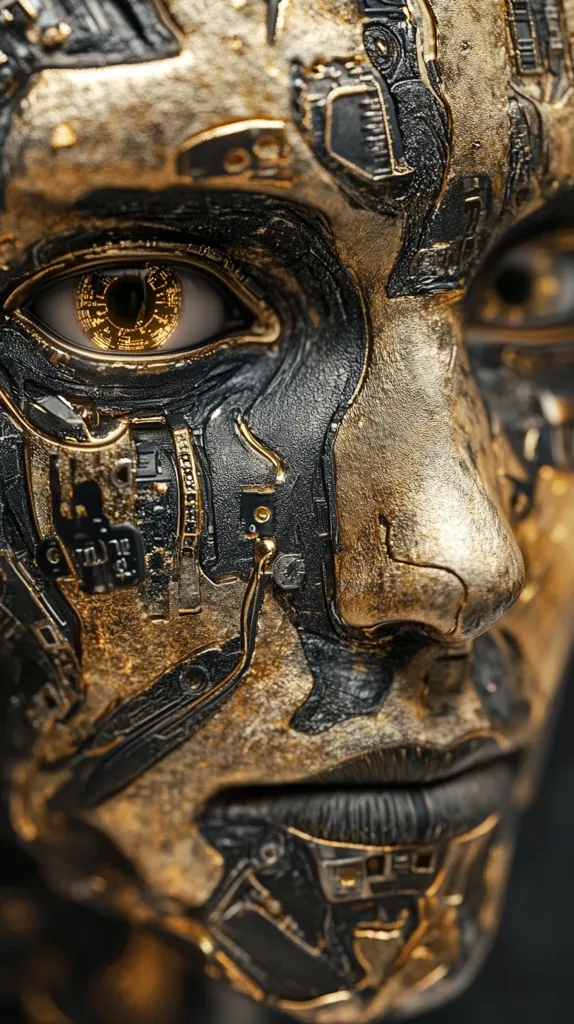 A close-up of a robotic face, crafted with intricate details. It features a golden surface with black accents, resembling a circuit board. A single, large eye is visible, with a golden iris. The nose and mouth are sculpted in a realistic manner, suggesting a human-like appearance. The image captures a futuristic aesthetic, blending organic and mechanical elements.