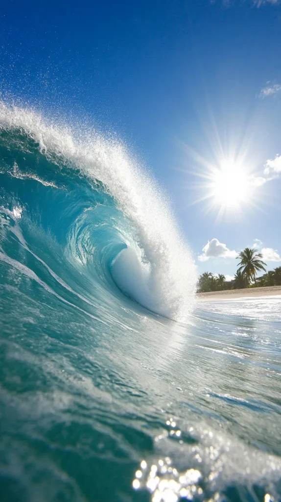 A large, perfect wave curls towards the shore on a sunny day. The water is crystal clear, with bright blue and turquoise hues. The sun shines brightly in a blue sky, casting a golden glow on the white sandy beach lined with palm trees.
