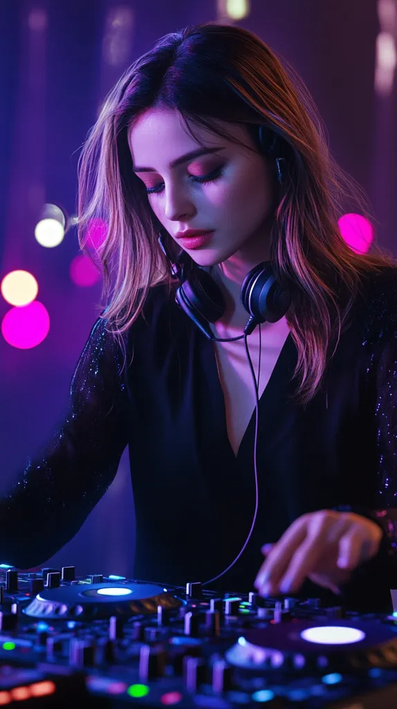 A woman with long brown hair wears headphones and a black top while she mixes music on a DJ console. The image is taken in a club or concert venue, with colorful lights in the background. The woman's face is illuminated by the lights, giving her a glow.  The scene is vibrant and full of energy.