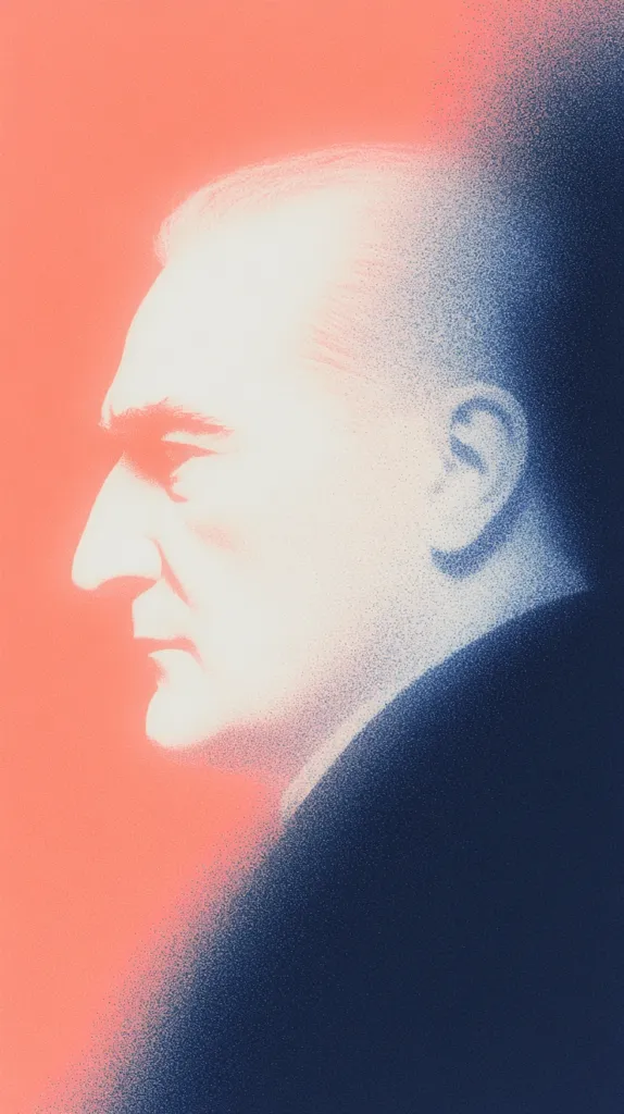 The image shows a profile portrait of a man. The man's face is white and he has a strong jawline. He is looking off to the side with a serious expression. His hair is short and receding. His ear is visible on the right side of the image. The background is a soft pink color and fades into a deep blue on the right side. The overall style of the image is minimalist and graphic.