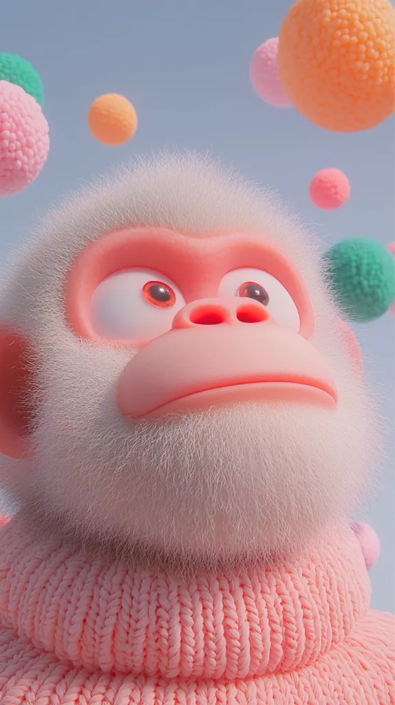 A fluffy pink monkey with big, round eyes is looking up at the sky. The monkey is wearing a pink knitted sweater and there are several colorful balls floating around it. The background is a light blue sky. The image is a cute and whimsical representation of a playful and innocent monkey.