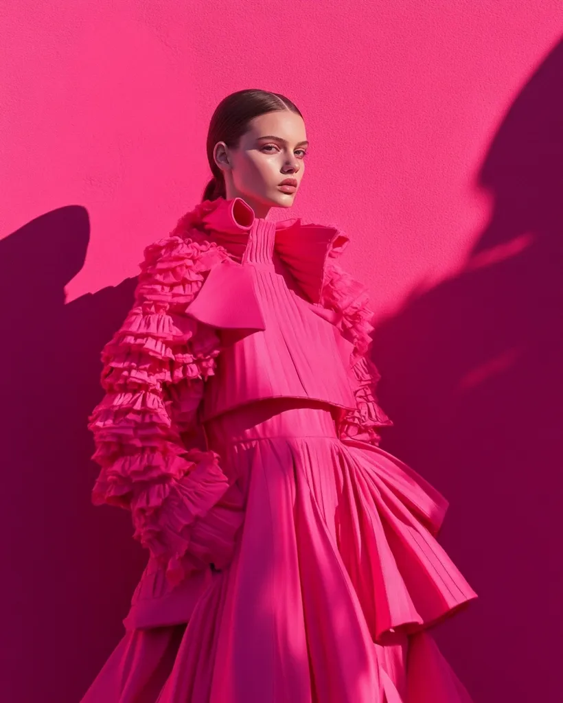 A woman with long brown hair stands in front of a hot pink wall, wearing a bright pink dress with dramatic ruffles. The dress is a high-necked, long-sleeved design with a large bow at the neckline. The skirt is full and flowing, with layers of ruffles at the hem. The woman’s face is visible, with a neutral expression. The bright colors and dramatic silhouette of the dress create a striking image.