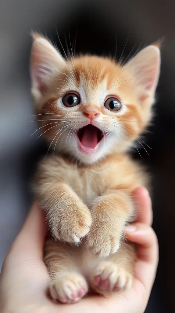 A small, ginger kitten with large, round eyes is being held in a person's hands. The kitten's mouth is open in a wide, surprised expression, and its paws are tucked neatly under its chest. The kitten's fur is soft and fluffy, and its eyes are full of curiosity and wonder. The photo captures the innocence and joy of a young kitten.