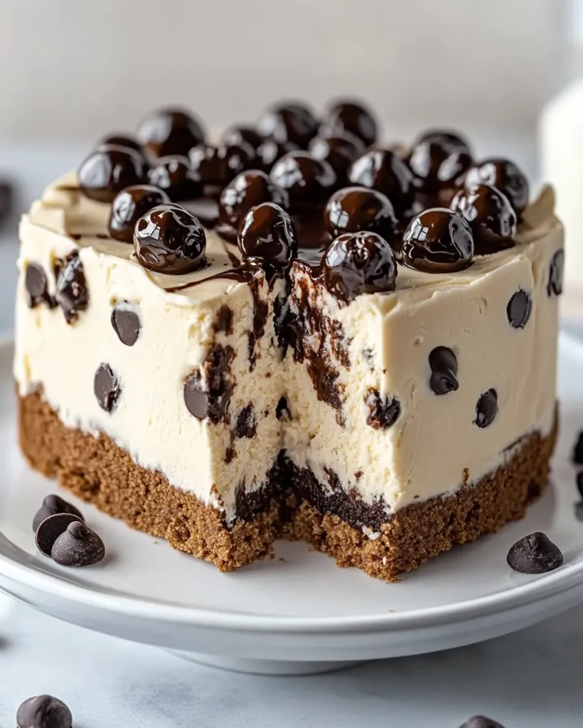 A decadent chocolate chip cheesecake, topped with a layer of chocolate-covered cherries and drizzled with more chocolate, is partially sliced open revealing the creamy cheesecake filling. The cheesecake sits on a chocolate brownie crust and is served on a white plate with a scattering of chocolate chips around it.