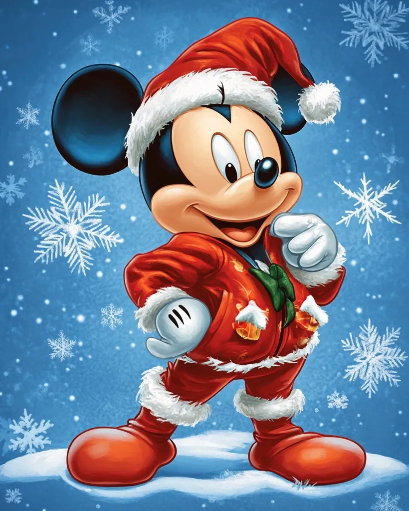 Mickey Mouse is dressed in a red and white Santa suit, with a big grin on his face. He is standing in a snowy landscape, with snowflakes falling around him. He looks happy and festive, ready to celebrate the holidays.