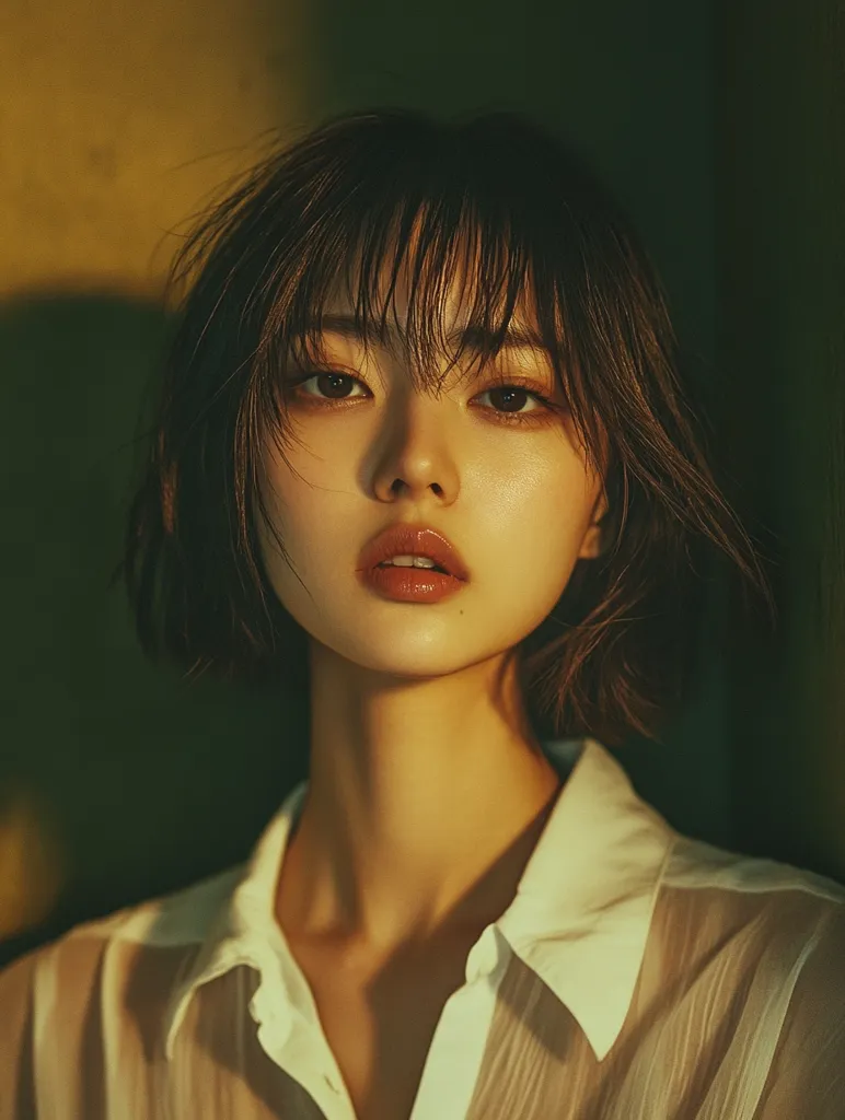 A young woman with short, dark hair and bangs stares directly at the camera. Her eyes are a deep brown, and she has a soft, natural look. Her lips are painted a delicate shade of pink. She is wearing a white button-up shirt that is slightly unbuttoned at the collar, and the warm lighting casts a glow on her skin.  The background is blurred and out of focus, drawing attention to her face.  The image has a soft, dreamy quality.