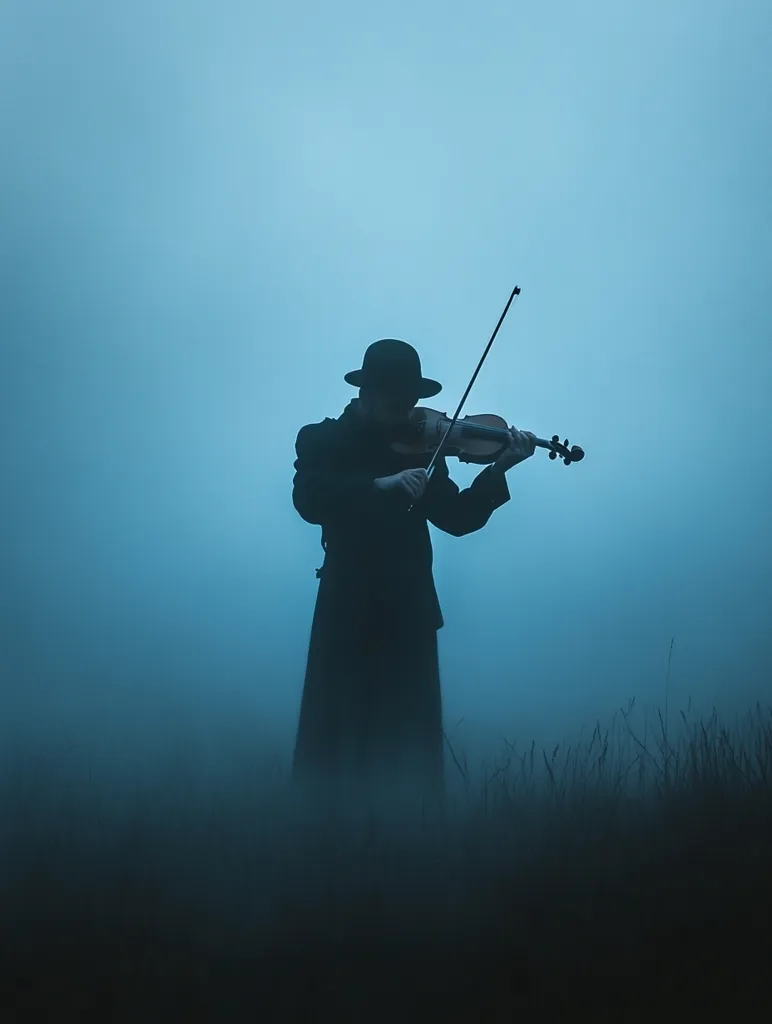 A solitary figure, shrouded in mist and wearing a hat, stands in a field. They hold a violin and appear to be playing it. The light is dim, casting long shadows and creating a sense of mystery. The image evokes a feeling of isolation and contemplation.