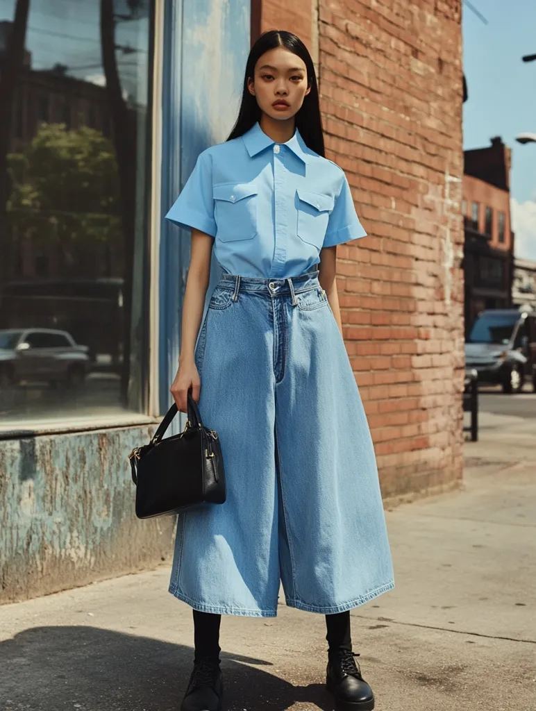 A young woman with long dark hair stands on a city sidewalk, wearing a light blue collared shirt and wide-legged, light blue denim pants. She is carrying a small black purse and is wearing black boots.  The background shows a brick wall, a store window, and a blurry view of a street.  The woman's cool and casual outfit reflects a current fashion trend.