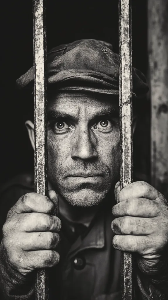 The image is a black and white portrait of a man behind bars. His face is weathered and lined, his eyes are weary, and his hands are gripping the bars. He is wearing a cap and his expression is somber. The image captures the feeling of confinement and despair. The lighting is dramatic, with strong shadows highlighting the man's features.  The composition is simple but effective, with the bars framing the man's face and emphasizing his isolation.