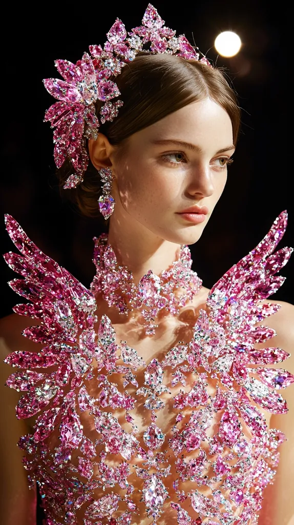 A woman with dark hair wears a sparkling pink crown and a dazzling pink and silver jeweled gown that resembles a pair of wings.  The gown is a delicate mesh fabric that is completely covered in crystals.  She wears matching pink jeweled earrings.  The background is blurred and dark, focusing attention on her dress.  Her face has a soft, sweet expression.
