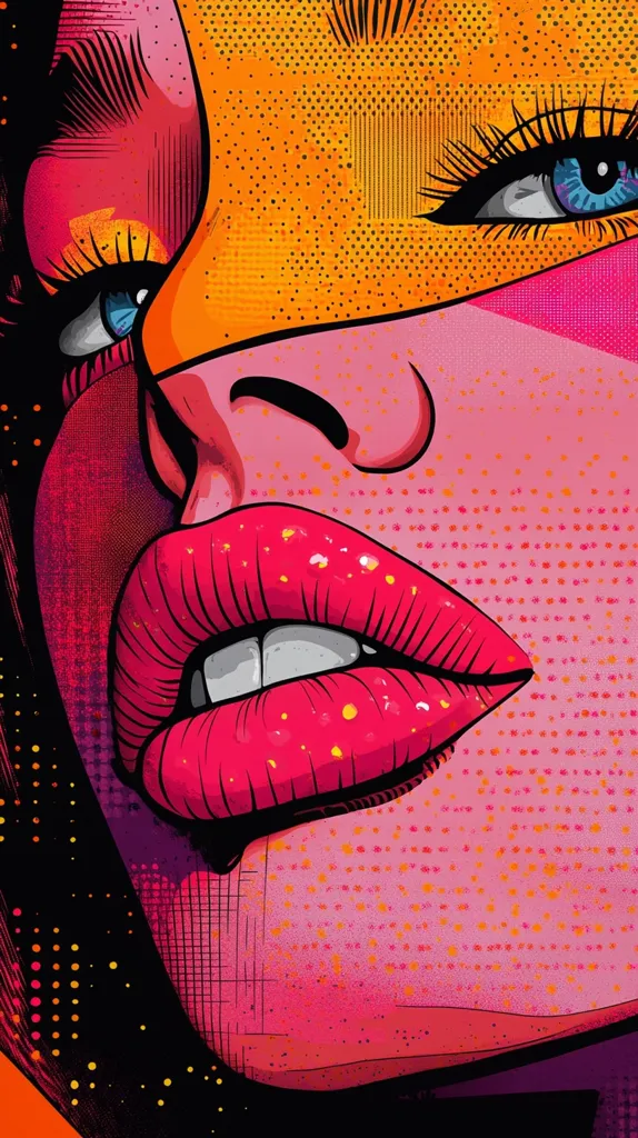 The image is a close-up of a woman's face, drawn in a pop art style. The woman's lips are full and red, and her eyes are wide with a hint of a mischievous smile. The background is a bright orange and pink color, with a bold geometric pattern. The use of contrasting colors and bold lines creates a vibrant and energetic aesthetic, typical of pop art.  The overall effect is eye-catching and dynamic.