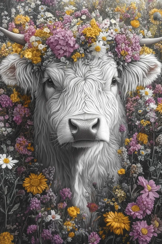 A white cow with a soft, fluffy coat is surrounded by a vibrant array of flowers. The cow's head is adorned with a crown of pink and yellow blossoms, creating a whimsical and enchanting image. The flowers are a mix of purple, yellow, and white, adding a burst of color to the scene. The cow's gentle gaze and the delicate beauty of the flowers create a sense of peace and tranquility.