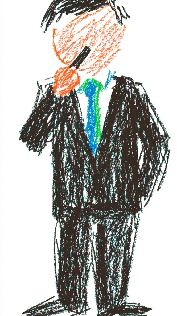 A child's drawing of a man in a suit. The man has a large, orange head with a black line for a mouth. He is wearing a black suit jacket and pants, with a blue and green tie. The drawing is simple and childlike, with lots of scribbles and lines. The man's face is filled in with a solid orange color.