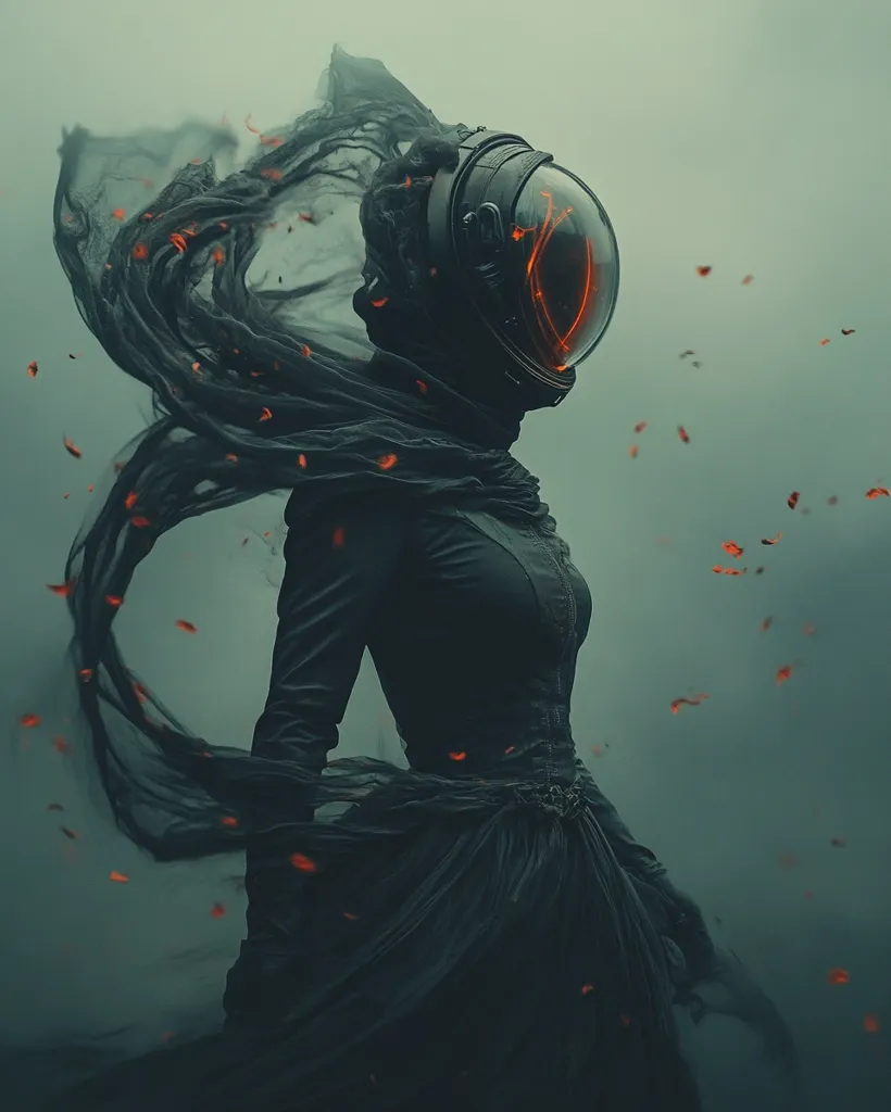 A woman in a long black dress and a helmet with an orange glow stands in a misty green landscape. The woman's long hair flows behind her, and a long black shawl billows in the wind. The woman appears to be walking towards the viewer as small red objects float in the air around her. The image evokes a sense of mystery and intrigue.