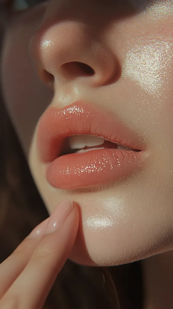 The image is a close-up of a woman's face, highlighting her full, glossy lips and smooth skin. The light catches her cheekbone, creating a soft, dewy glow. Her finger delicately touches her chin, emphasizing the delicate nature of the image. The overall effect is one of natural beauty and understated elegance.