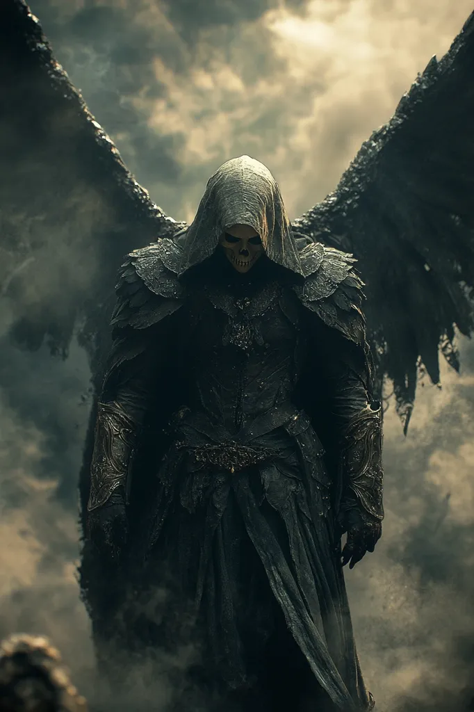 A shadowy figure, cloaked in black, stands against a backdrop of swirling clouds. The figure has large, dark wings and a skeletal face, giving it an ominous appearance. It is wearing armor and a long, flowing robe, adding to its mysterious and threatening presence. The image evokes a sense of darkness and power, perhaps representing a supernatural being or a force of evil.