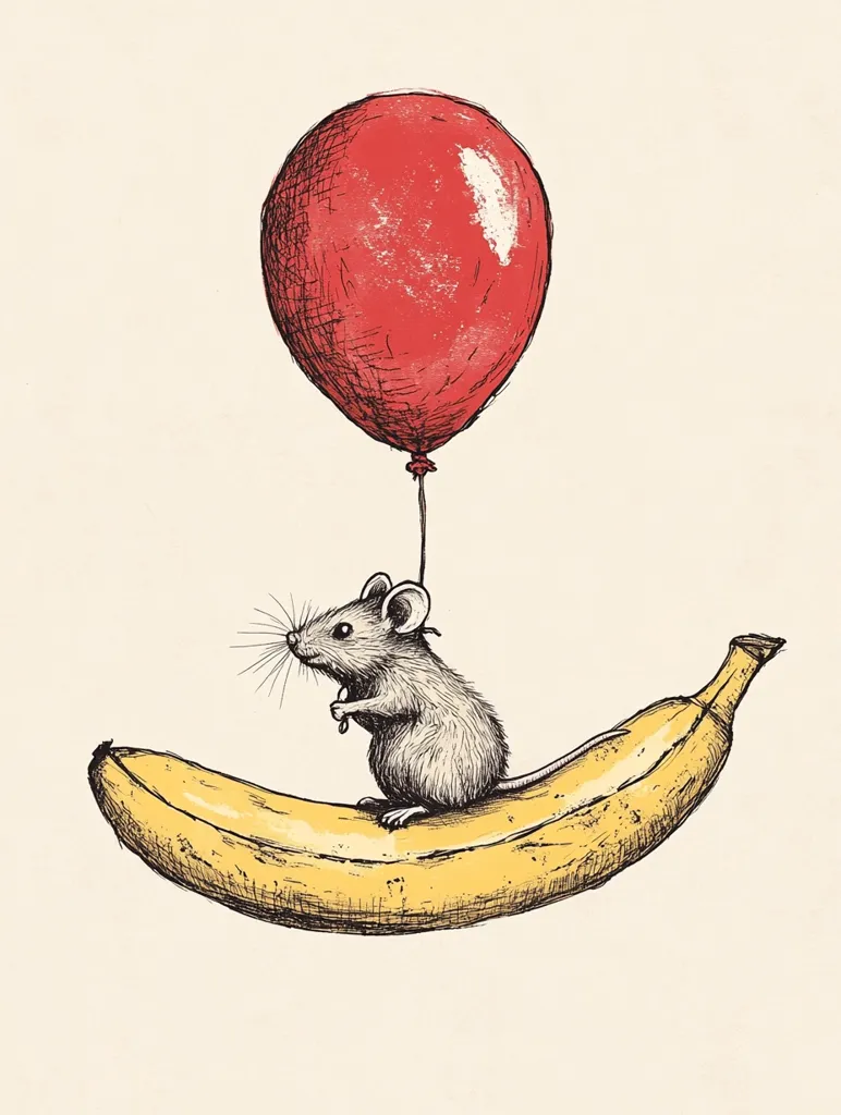 A hand-drawn illustration depicts a small mouse riding a banana, which is being lifted by a red balloon. The mouse sits on the banana, its tail trailing behind, while the balloon is tied to the banana with a thin string. The image is drawn in a simple style, with black lines and shading, on a light beige background. It's a whimsical and playful scene, suggesting a sense of adventure and lightheartedness.