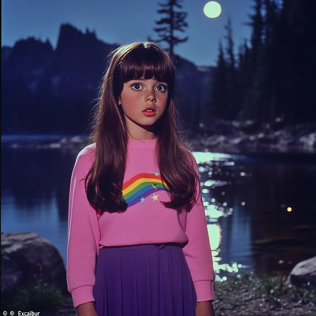 A young girl with long brown hair and a pink sweater with a rainbow and stars stands by a lake, looking off to the side with a surprised expression. The moon is visible in the night sky behind her and the surrounding landscape is dark and mysterious.  She is wearing a purple skirt and appears to be standing on a rocky shore. The image has a vintage feel to it, suggesting it was taken sometime in the 1970s.