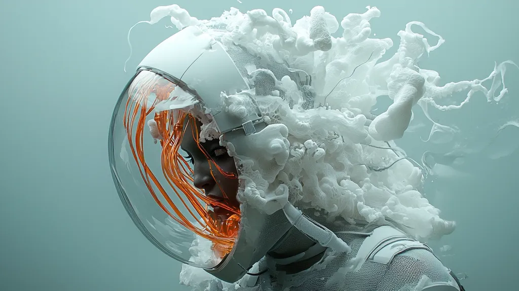 A person in a white helmet and suit is submerged in a swirling cloud of white smoke. The smoke appears to be emanating from their head, and it completely obscures their face. The helmet has a clear visor, revealing glowing orange lines. The background is a soft blue-grey.