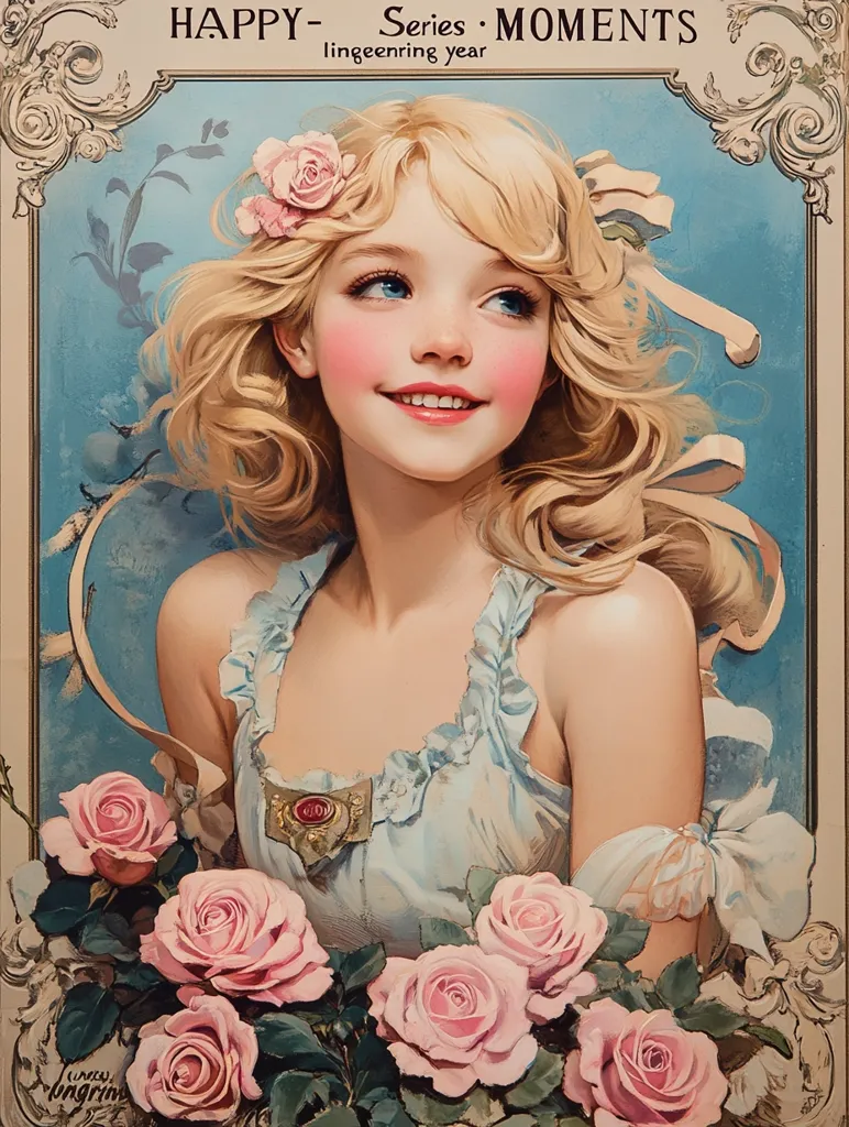 The image is a vintage-style illustration of a young woman with long blonde hair and rosy cheeks. She is wearing a light blue dress with a frilled neckline and is surrounded by pink roses. The background is a soft blue with a decorative border. The image has a whimsical and romantic feel.