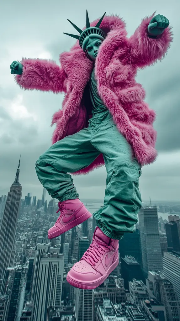 The Statue of Liberty, adorned in a vibrant pink fur coat, stands atop a towering cityscape.  Her legs, clad in teal pants, are outstretched, one foot sporting a pink sneaker.  The city's towering buildings stretch below, their gray surfaces creating a striking contrast against the bold pink and teal hues. The image captures a playful and unexpected take on a classic American symbol.