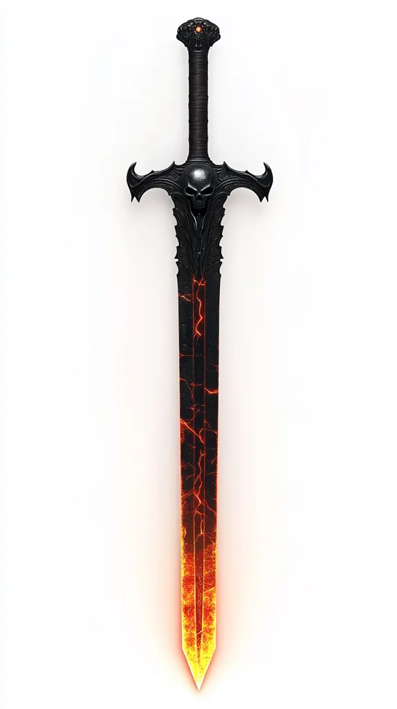 A black sword with intricate details and a skull on the pommel. It's set against a plain white background, and the blade is glowing with an intense orange light, suggesting it's forged from fire or infused with magical energy. The overall design is ominous and powerful, evoking a sense of fantasy and danger.