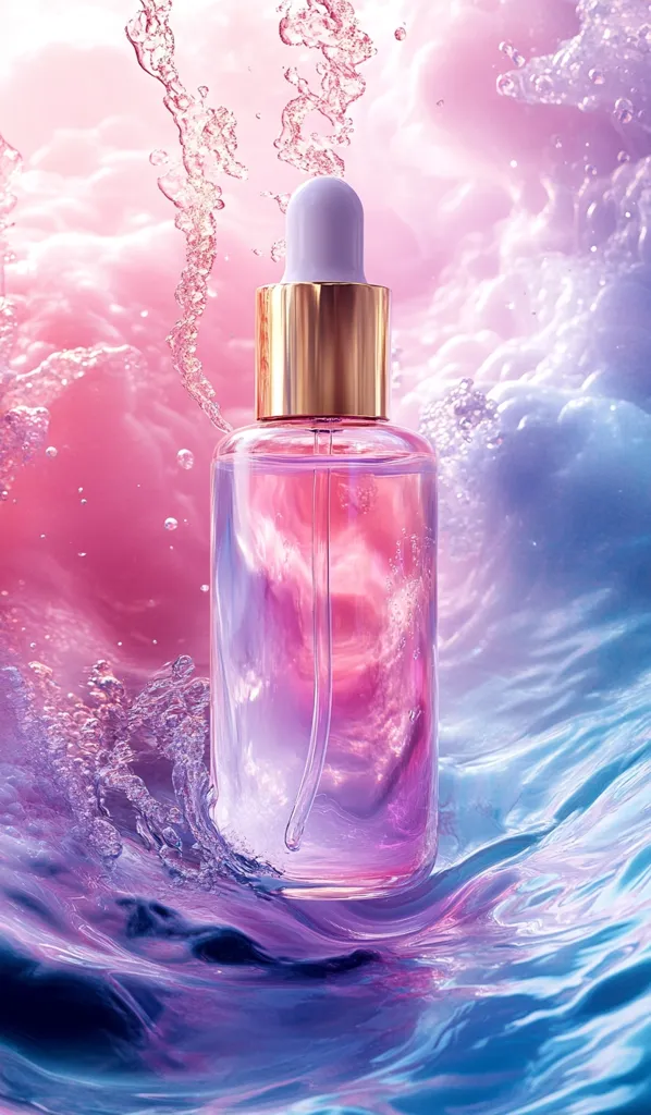 A glass bottle of pink liquid with a gold top and dropper sits in a pool of water. The water is swirling around the bottle, creating a magical effect. The background is a soft pink and purple, suggesting a dreamy atmosphere. The image evokes a sense of luxury and beauty.