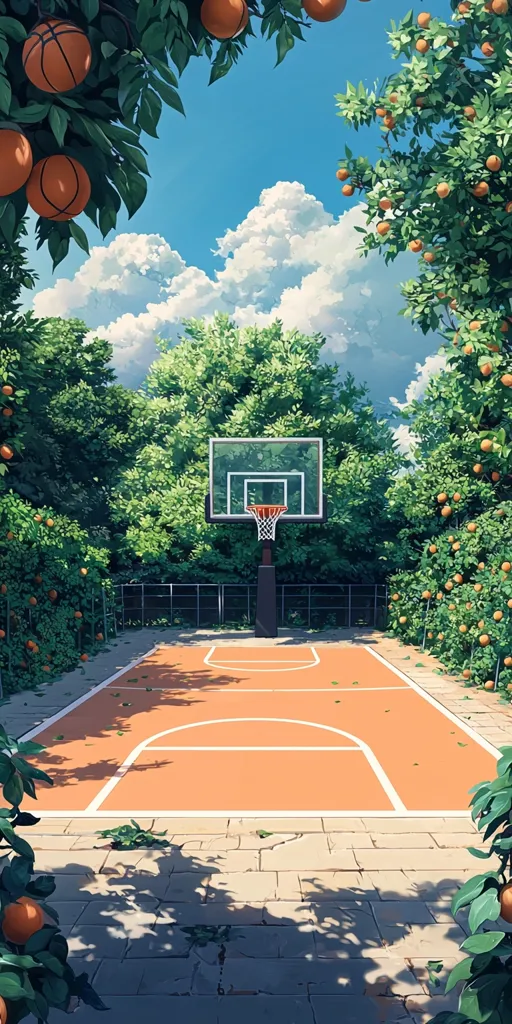 An orange grove surrounds a basketball court on a sunny day. The court is empty, and the trees are laden with fruit. The sky is bright blue and dotted with fluffy white clouds. The scene is peaceful and inviting, suggesting a place for recreation and relaxation.