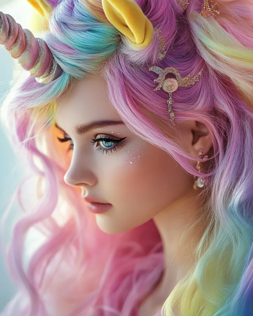 A young woman with long, flowing hair dyed in shades of pink, blue, green, and yellow, reminiscent of a unicorn's mane.  She has a soft, delicate face with a hint of pink blush. Her blue eyes are captivating and hold a touch of sadness. She wears a unicorn horn headband, adorned with sparkling glitter and a delicate gold charm. The overall mood is whimsical and dreamlike, evoking a sense of magic and fantasy.