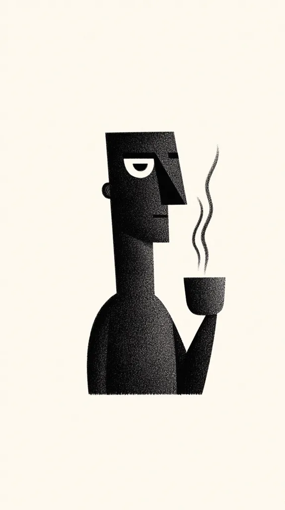 A black and white illustration of a person holding a cup of coffee with steam rising from it. The person has a stylized face with a single white eye and is drawn in a geometric style. The background is a plain white.  The image evokes a sense of calm and contemplation.