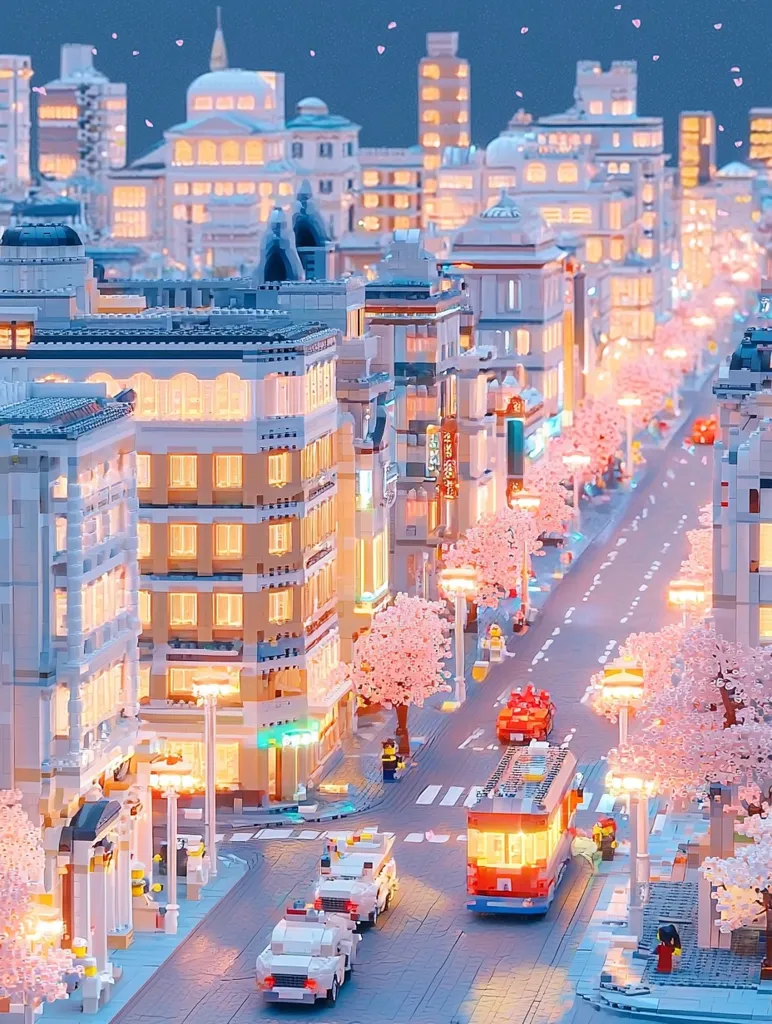 A meticulously crafted LEGO cityscape, bathed in warm, golden light. Cherry blossom trees line the streets, adding a touch of vibrant pink to the scene. Cars and a miniature bus navigate the intricate road system, while miniature figures go about their day. The image captures the magic of a miniature world brought to life.