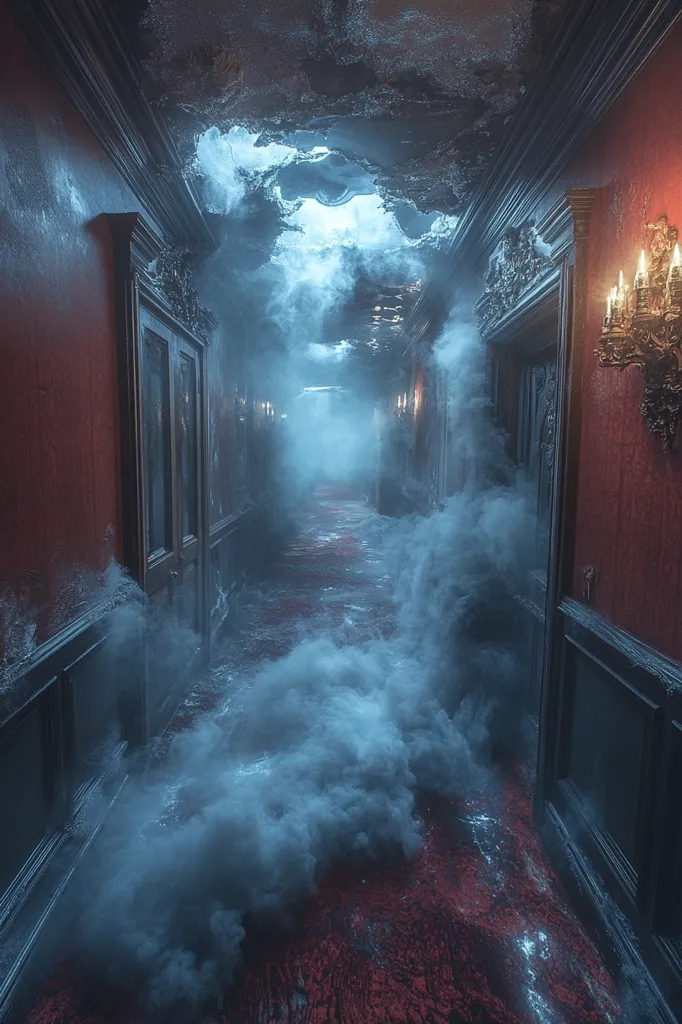 The image depicts a dimly lit hallway in a grand, possibly haunted, mansion.  Thick smoke or fog billows through the space, obscuring the view down the hallway. A dark red carpet, visible through the mist, leads the eye towards the shadowy depths. The ornate, dark wood doors suggest an antiquated style, and the faint light filtering from the ceiling reinforces the mysterious atmosphere. The image evokes a sense of anticipation and unease, hinting at secrets hidden within the mansion's depths.
