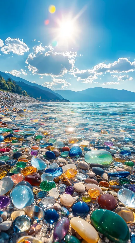 The image captures a breathtaking scene of a calm lake with a backdrop of majestic mountains. The water is crystal clear, reflecting the bright sun above. The foreground is a beautiful mosaic of smooth, colorful stones, creating a mesmerizing visual effect. The overall atmosphere is tranquil and serene, evoking a sense of peace and tranquility.
