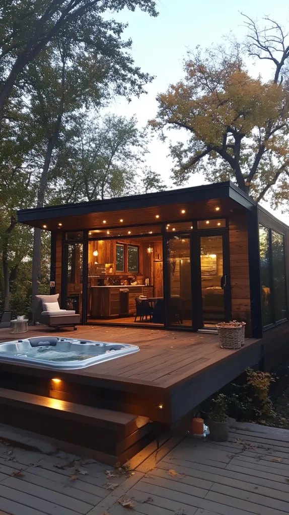 A modern cabin with large windows and a wooden deck is bathed in the warm glow of evening lights. A hot tub sits on a raised platform, ready for relaxation. Lush green trees frame the scene, adding a touch of nature to the cozy ambiance. The cabin's sleek design and inviting outdoor space create a tranquil escape from the hustle and bustle of everyday life.