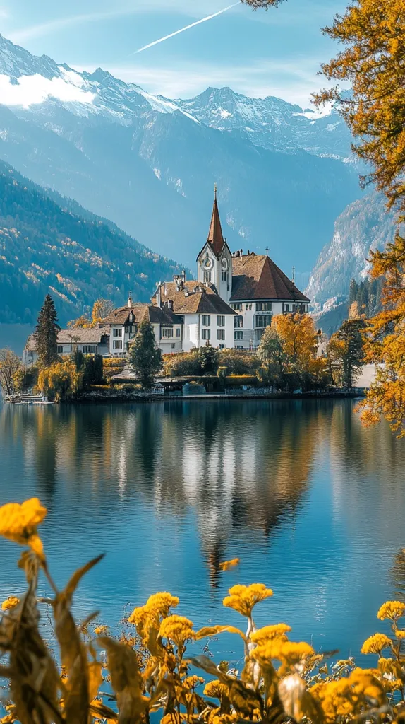 A picturesque scene of a quaint, white-walled church with a brown roof, perched on a small island in a serene lake. The church, with its tall spire, stands against a backdrop of majestic snow-capped mountains. The lake's surface reflects the surrounding beauty, creating a mirror-like image. A foreground of vibrant yellow flowers adds a touch of color to the composition. The image captures the idyllic beauty of a serene mountain setting.
