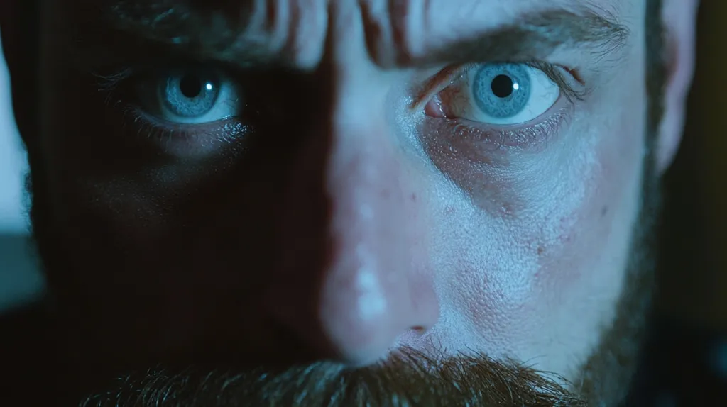 The image is a close-up of a man's face, focusing on his piercing blue eyes. The man appears to be looking intensely at something off-screen. His face is lit in a way that casts shadows, giving the image a dramatic feel. His furrowed brow and slightly parted lips suggest a sense of determination or tension. The focus on his eyes, the lighting, and his facial expression create a sense of mystery and intrigue.