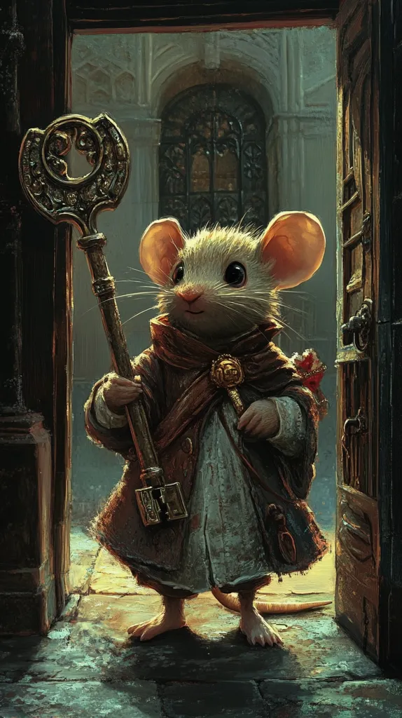 A small, anthropomorphic mouse stands in the doorway of an old building, holding a large, ornate key. He is dressed in a long, brown coat with a red sash, and his facial expression is one of determination. The mouse looks like a messenger, ready to open the door and deliver whatever message he carries. The image is painted in a realistic style, with attention to detail. The mouse's fur and the key's intricate design are rendered with great care. The light casts a warm glow on the scene, creating a sense of mystery and intrigue.