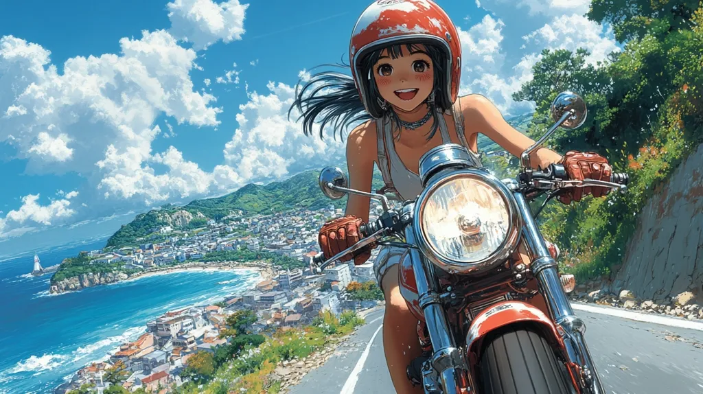 An anime girl with long black hair is riding a motorcycle down a winding road overlooking a coastal town. She is wearing a red helmet and a white tank top. The sky is bright blue with fluffy white clouds, and the ocean is a deep blue. The scene is vibrant and cheerful, capturing the feeling of a carefree summer day.