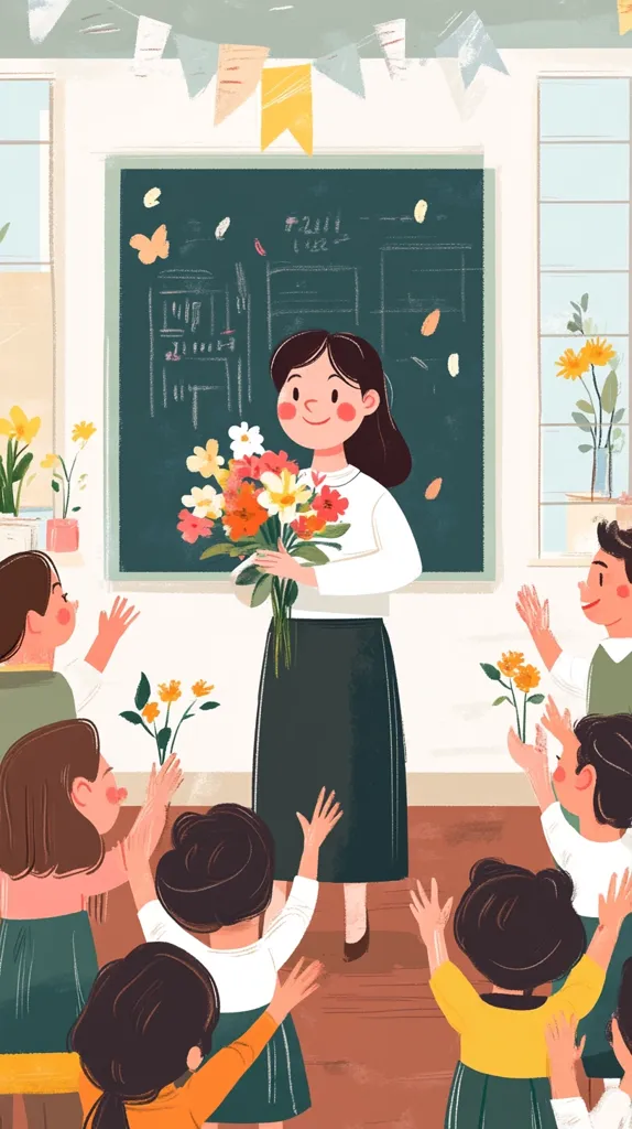 A teacher, holding a bouquet of flowers, stands in front of a classroom of children.  The children are clapping and smiling,  some holding flowers, in a festive scene of appreciation.  The classroom walls are decorated with strings of flags and a chalkboard filled with scribbles.  It's likely a special occasion, like Teacher's Day, where the students are showing their gratitude.