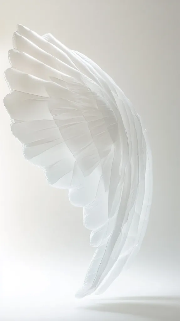 A single, large, white wing is positioned against a white background. The wing is made of a delicate, feathery material that creates soft curves and folds.  The lighting is subtle, casting a soft glow on the wing and creating a sense of ethereal beauty.  The image evokes a sense of purity, grace, and innocence.